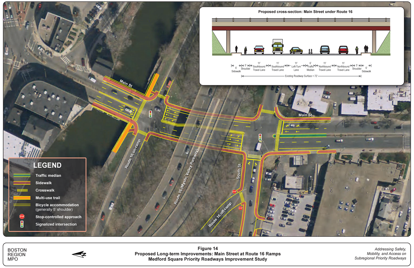 Figure 14. Proposed Long-term Improvements: Main Street at Route 16 Ramps
This figure shows a conceptual drawing of the proposed long-term improvements (design alternative 1B) at Route 16 ramps at Main Street.
